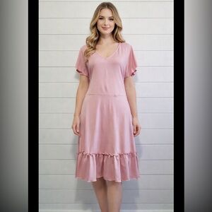 Alredine Blush Pink V-Neck Dress Ruffle Hem Short Sleeve Size Large